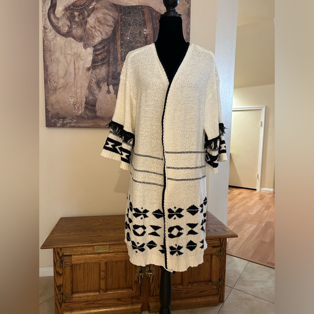 Rachel Zoe Open Front Cotton Blend Knit Cardigan Duster Sweater 1X Fringe